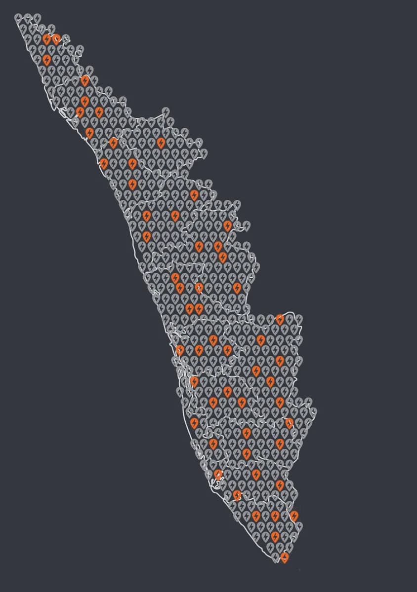 Map of Flash EV charging stations installed and upcoming across Kerala