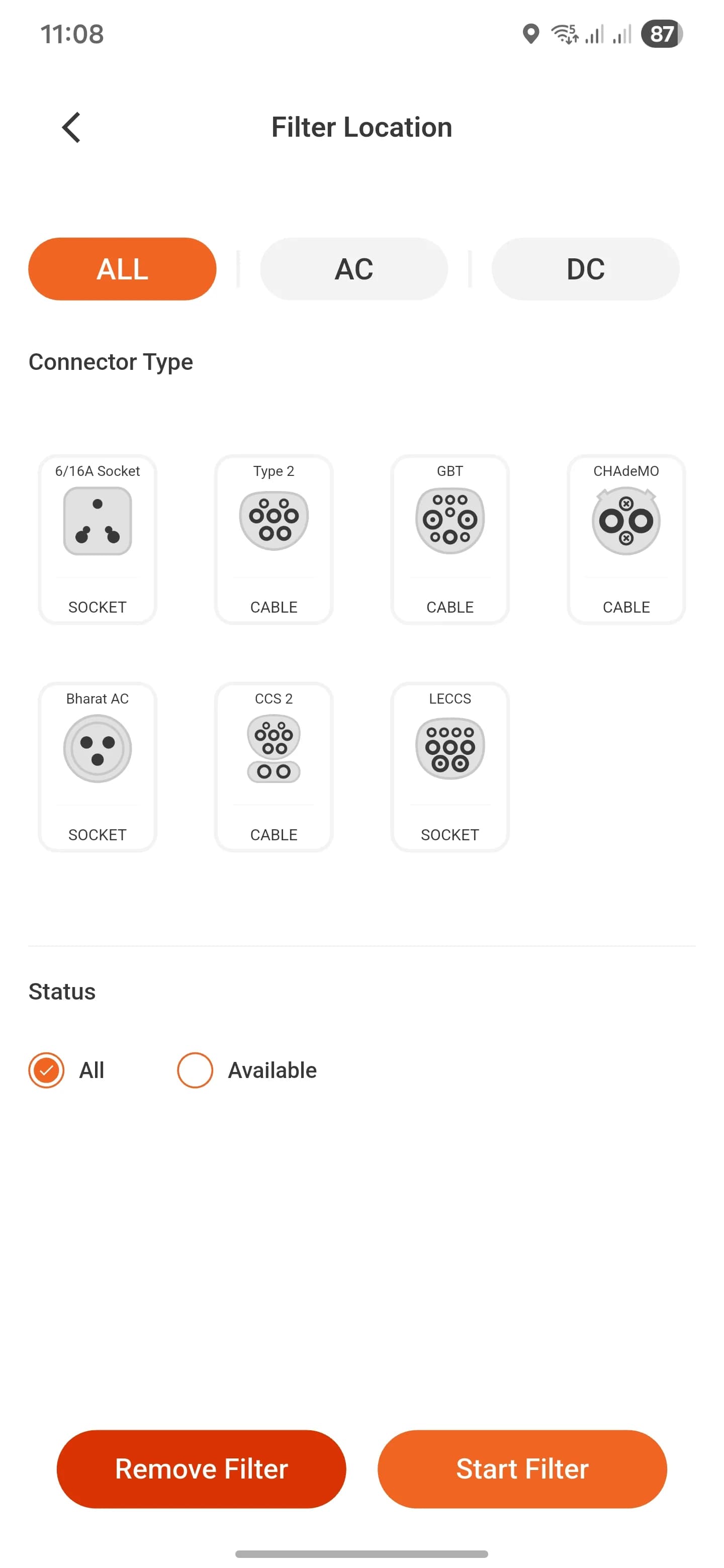 Connector filter Flash app connector filter screen with AC and DC options